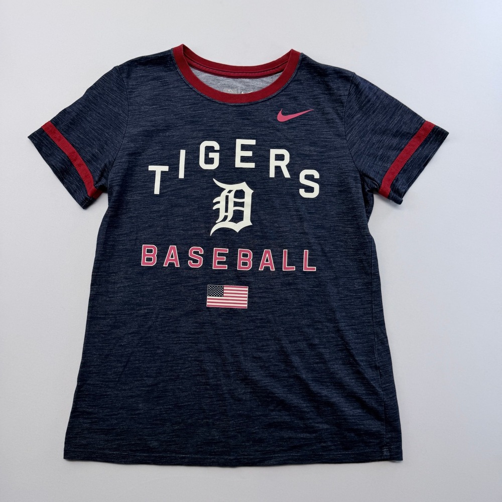 Nike Detroit Tigers Baseball Dri-FIT Navy Blue Heather Ringer T-Shirt Small